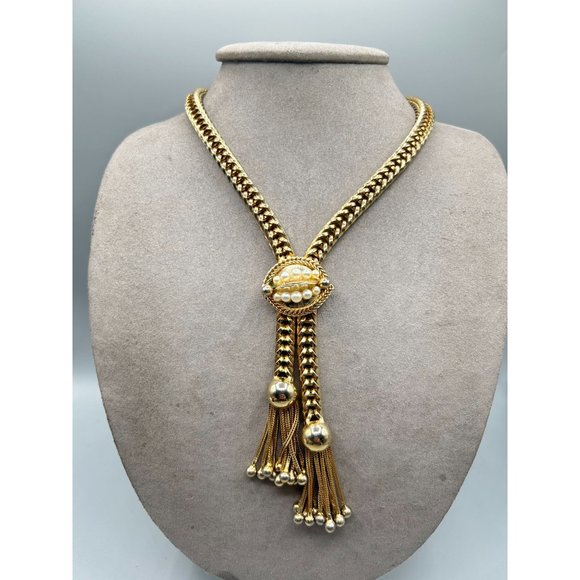 Vintage Signed HOBE Necklace & Earrings Set Thick Chain Tassel Gold Tone Pearls - Picture 5 of 10